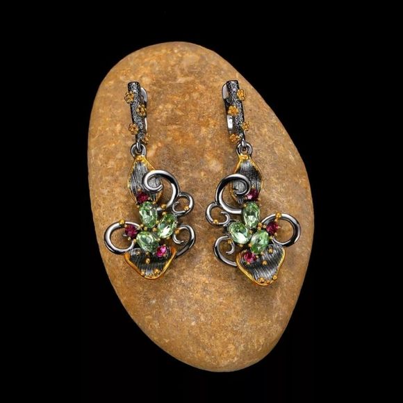 Gold leaf black titanium boho branch peridot garnet earrings new - Picture 1 of 5